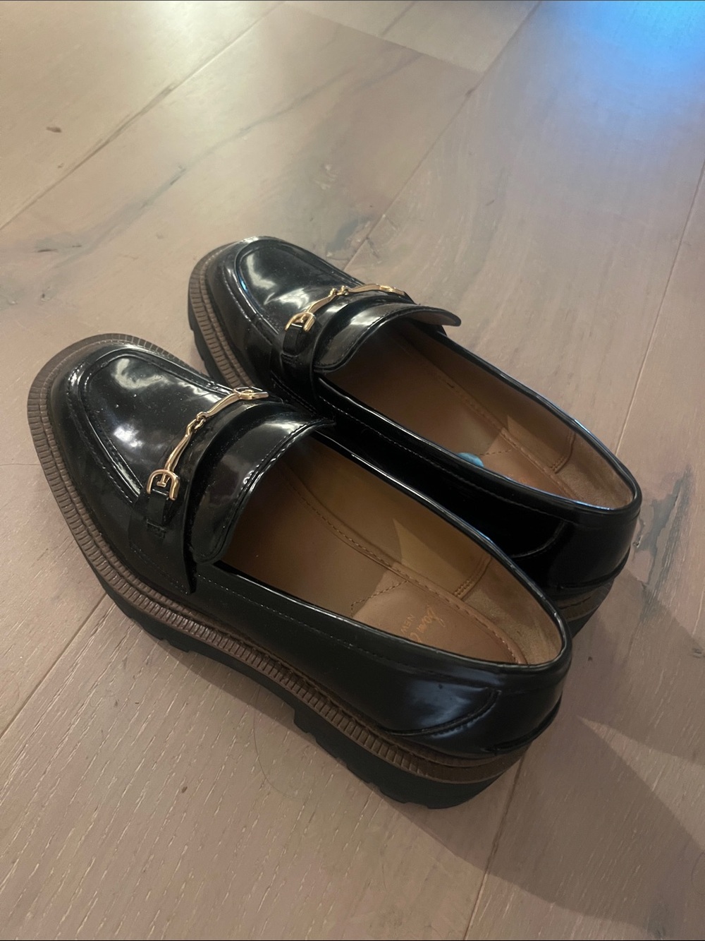 Sam Edelman Chunky Black Patent Loafers with Gold Chain Accentr